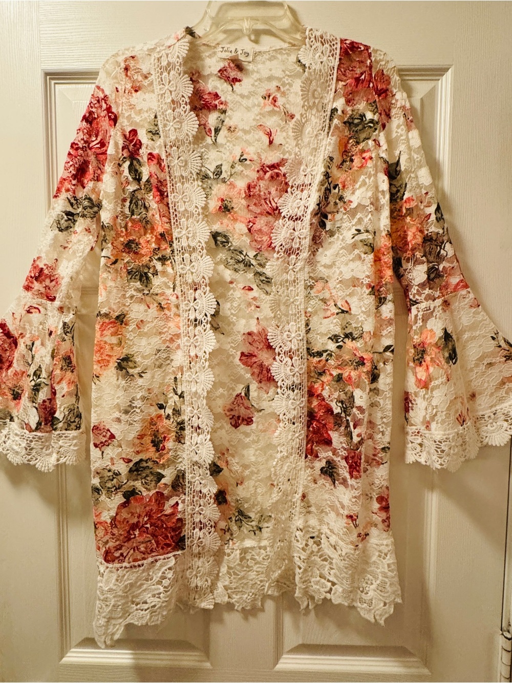 Floral Lace Kimono Robe - Cream with Pink & Coral Flowers